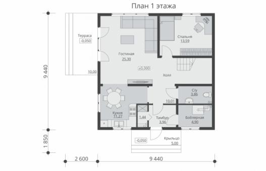 Проект одноэтажного жилого дома с мансардой