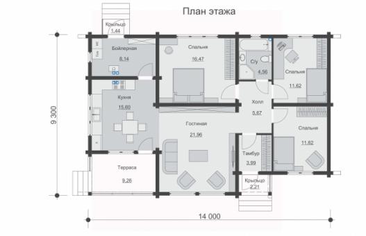 Одноэтажный дом с террасой, тремя спальнями.